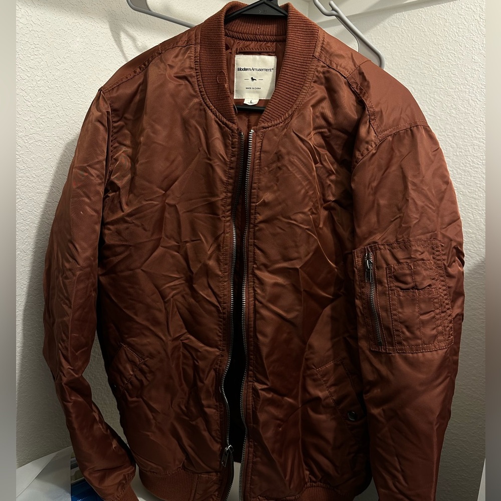 Modern Amusement Brown Bomber Jacket with Ribbed Collar and Quilted Texture